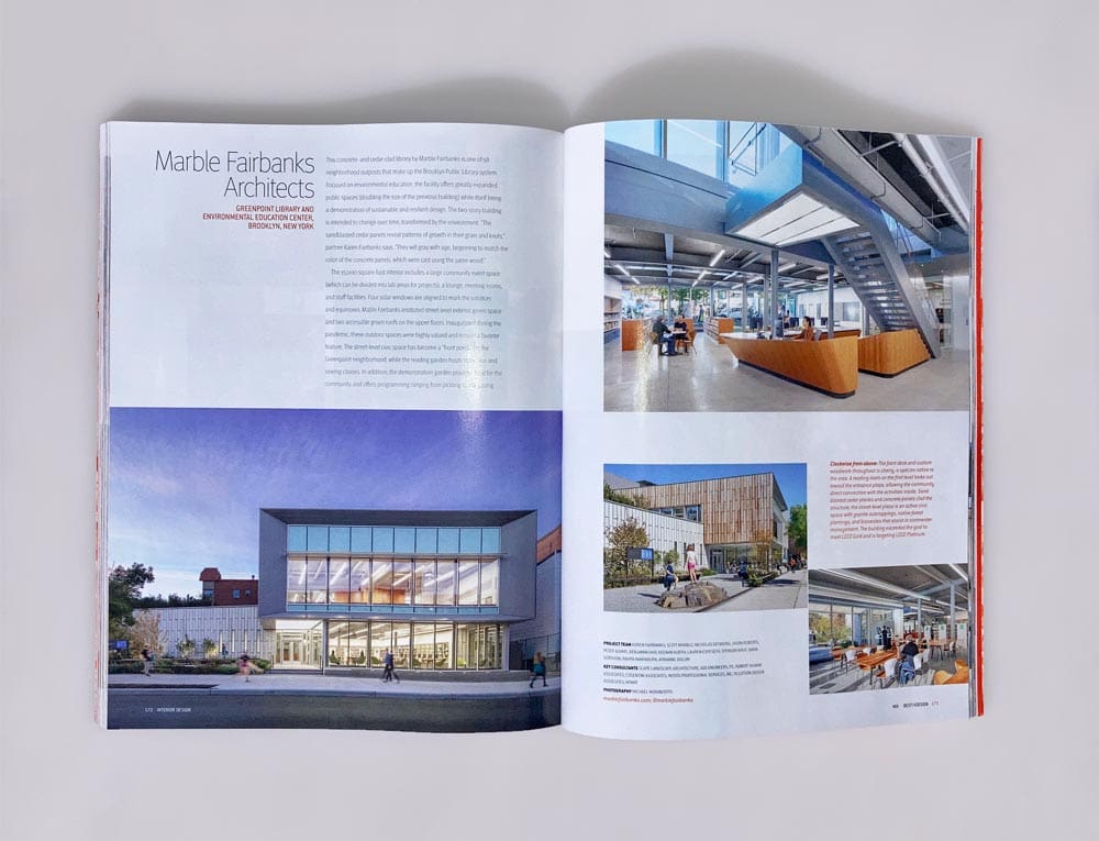 Marble Fairbanks Architects spread on Greenpoint Library and Environmental Education Center in Interior Design, Best in Design Anniversary Edition, 2022