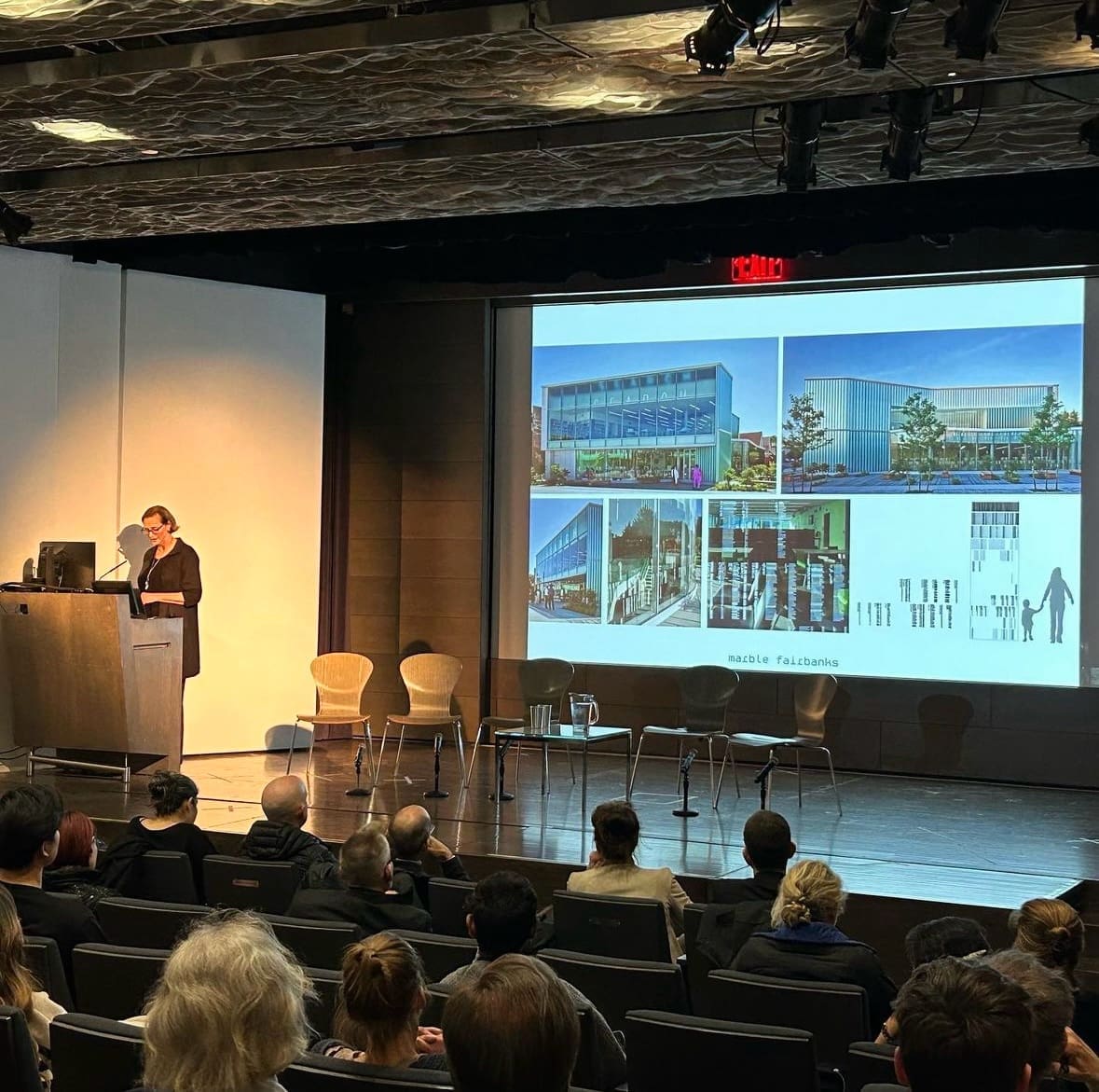 Karen Fairbanks Speaking at The Architectural League's lecture series, Current Work: Revisiting Branch Libraries. Image Courtesy of @archleague on Instagram